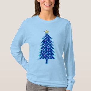 Modern Minimalist Christmas Tree with Blue Stars T-Shirt