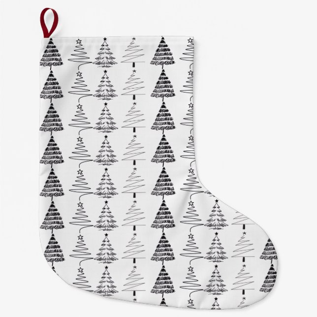 Modern Minimalist Christmas Trees Doodles Large Christmas Stocking (Front)