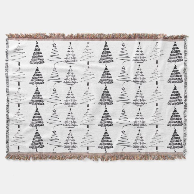 Modern Minimalist Christmas Trees Doodles Throw Blanket (Front)