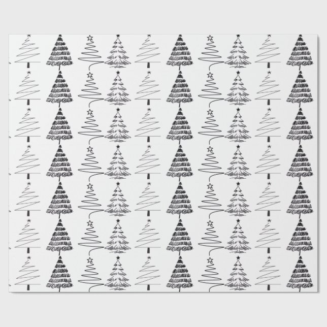 Modern Minimalist Christmas Trees Doodles Wrapping Paper (Flat)