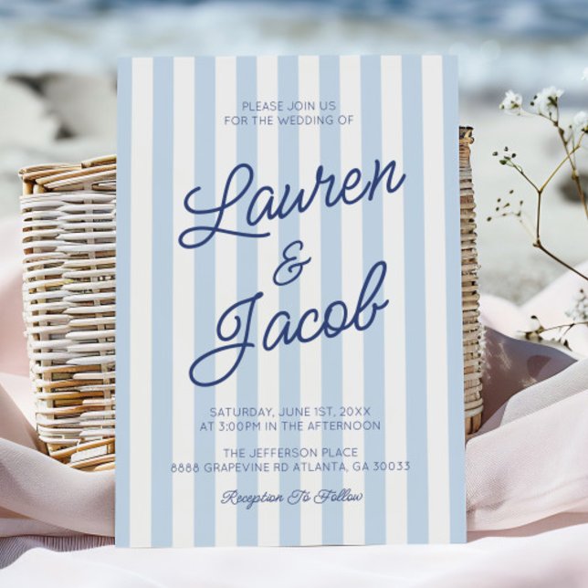 Modern Minimalist Coastal Blue Stripes Wedding Invitation (Creator Uploaded)