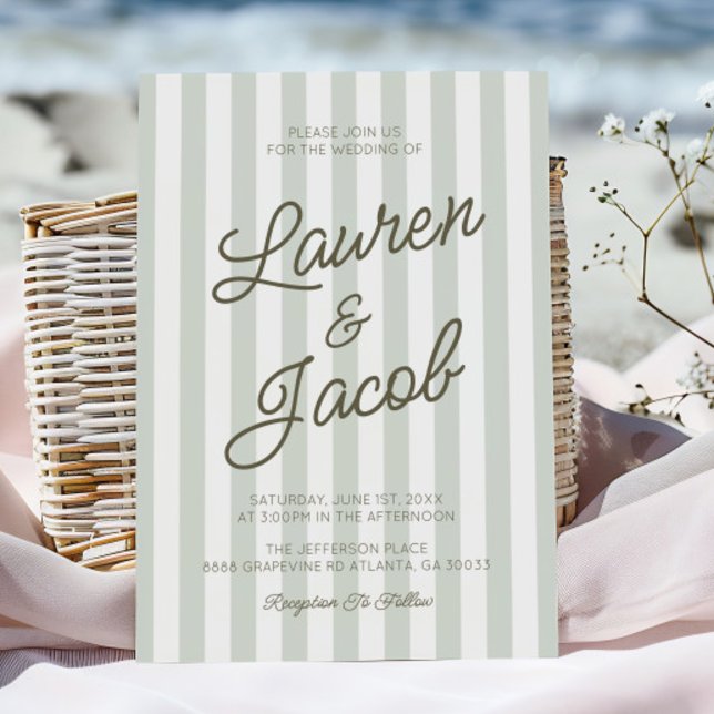 Modern Minimalist Coastal Green Stripes Wedding Invitation (Creator Uploaded)