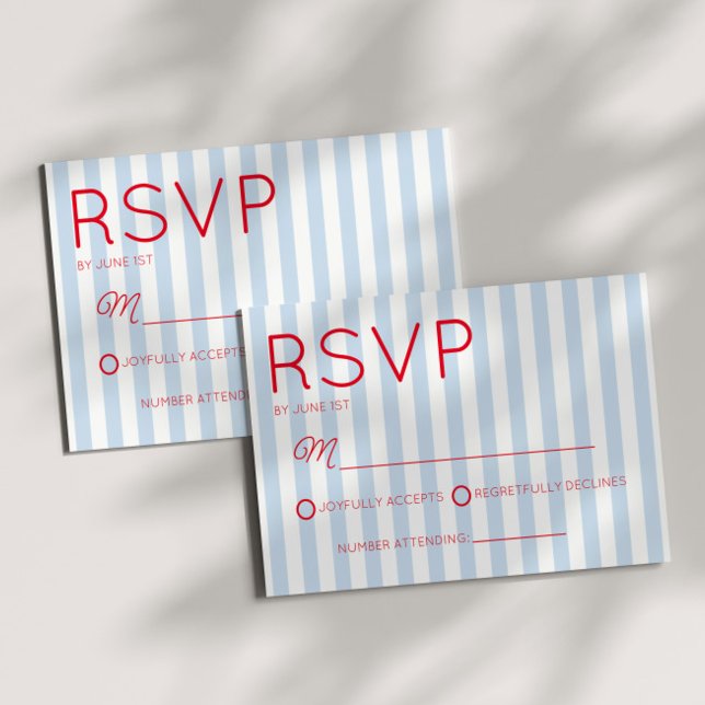 Modern Minimalist Coastal Red Blue Stripes Wedding RSVP Card (Creator Uploaded)