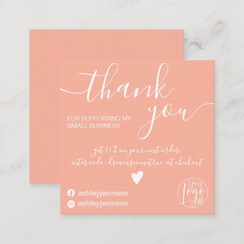Modern minimalist coral peach order thank you square business card