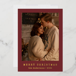 Modern Minimalist Couple Photo Green Christmas Foil Holiday Card