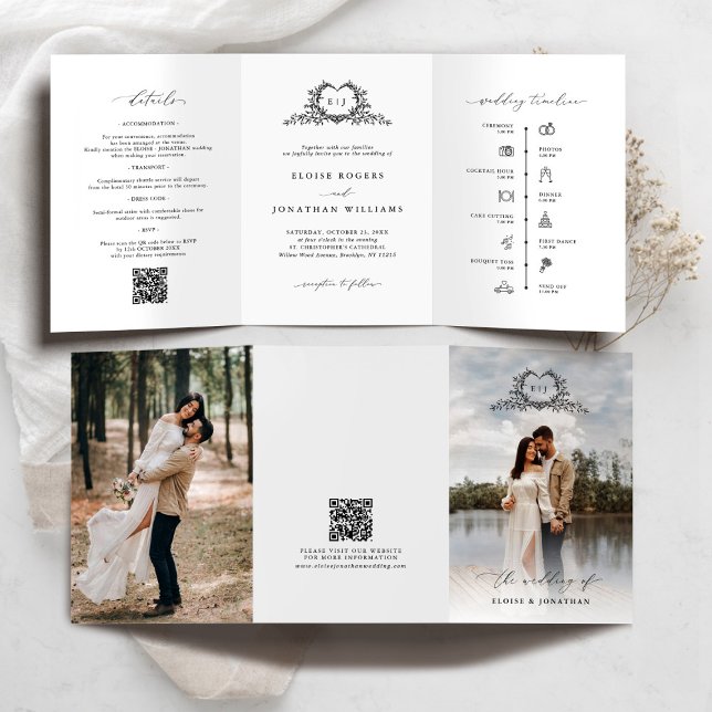Modern Minimalist Crest monogram Wedding Invite (Modern Minimalist Crest monogram tri fold photo Wedding Invite / announcement with QR code timeline)
