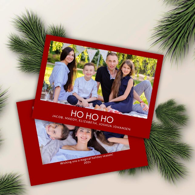 Modern Minimalist Crimson Red "HO HO HO" Photo  Holiday Card (Creator Uploaded)