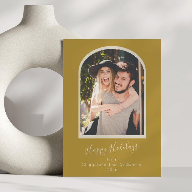 Modern Minimalist Custom Arch Photo Yellow Holiday Card (Creator Uploaded)