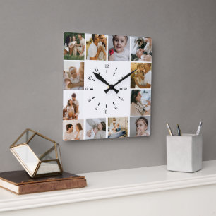 Modern Minimalist Custom Photo Collage Family Square Wall Clock