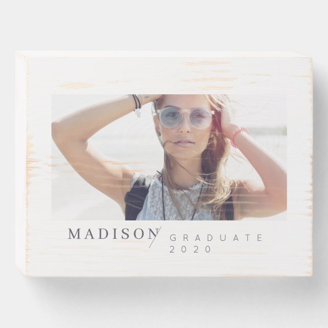 Modern Minimalist Custom Photo Graduation Wooden Box Sign (Front Horizontal)
