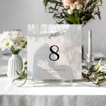Modern minimalist custom photo wedding table card<br><div class="desc">Classy calligraphy script simple chic black and white text overlay bride and groom names and photo personalized wedding square table number. Please note that to order different numbers you need to customize them and put them in the shopping cart one by one (one card with no 1, another with no...</div>