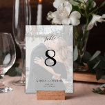 Modern minimalist custom photo wedding  table number<br><div class="desc">Classy calligraphy script simple chic black and white text overlay bride and groom names and photo personalized wedding table number. Please note that to order different numbers you need to customize them and put them in the shopping cart one by one (one card with no 1, another with no 2,...</div>