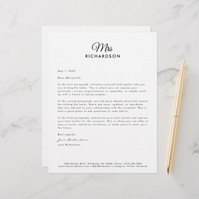 Modern Minimalist Custom Script Mrs. Family Name Letterhead (Front/Back In Situ)