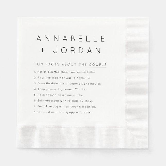 Modern Minimalist Custom Wedding Fun Facts  Napkins (Front)