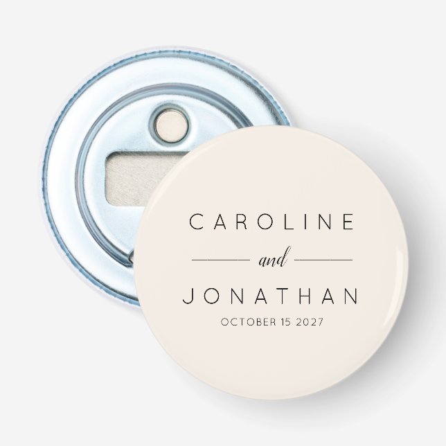 Modern Minimalist Custom Wedding Names Ivory Bottle Opener (Front)