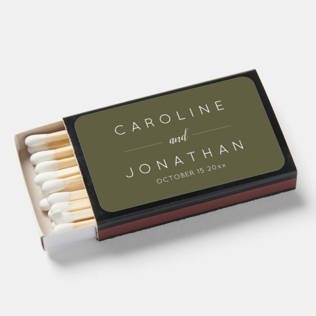 Modern Minimalist Custom Wedding Names Olive Moss Matchboxes (Front Open)