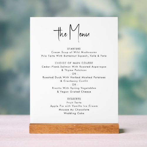 Modern Minimalist Custom White Wedding Menu Acrylic Sign