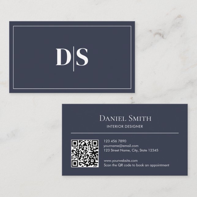 Modern Minimalist Dark Gray White Initials QR Code Business Card (Front/Back)