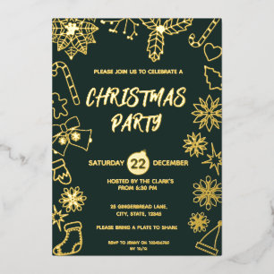 Modern Minimalist Dark Green and Gold Elegant Xmas Foil Invitation