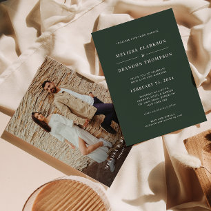 Modern Minimalist Dark Green Photo Wedding  Invitation