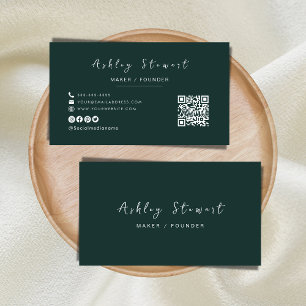 Modern Minimalist Dark Green Professional Qr Code Business Card