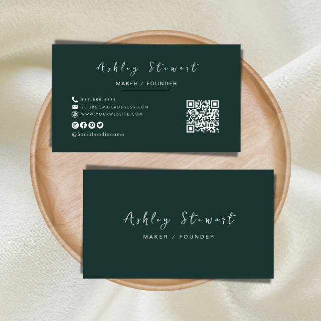 Modern Minimalist Dark Green Professional Qr Code Business Card (Creator Uploaded)