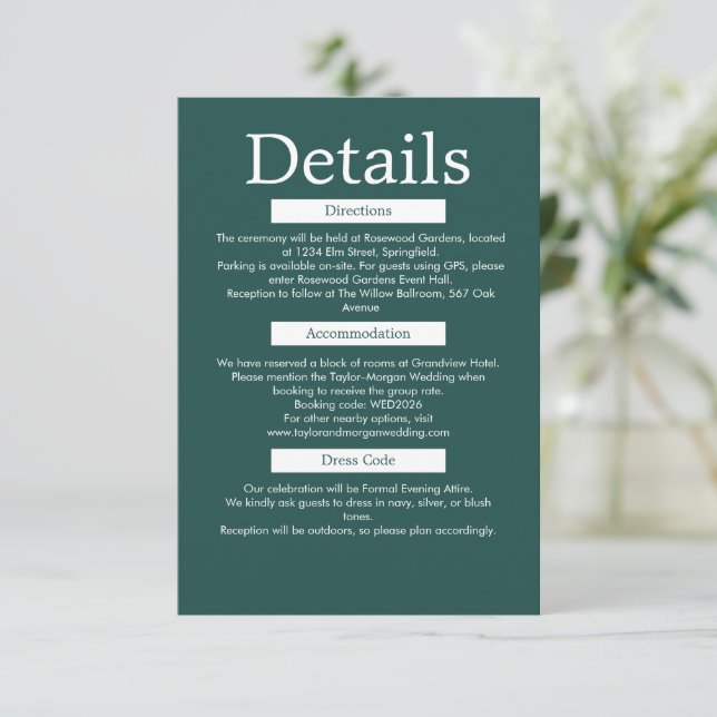 Modern Minimalist Dark Green Wedding Details Card (Standing Front)