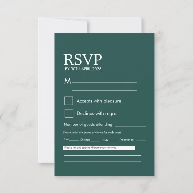 Modern Minimalist Dark Green Wedding RSVP Card (Front)
