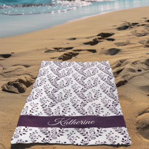 Modern Minimalist Dark Plum White Floral Script Beach Towel