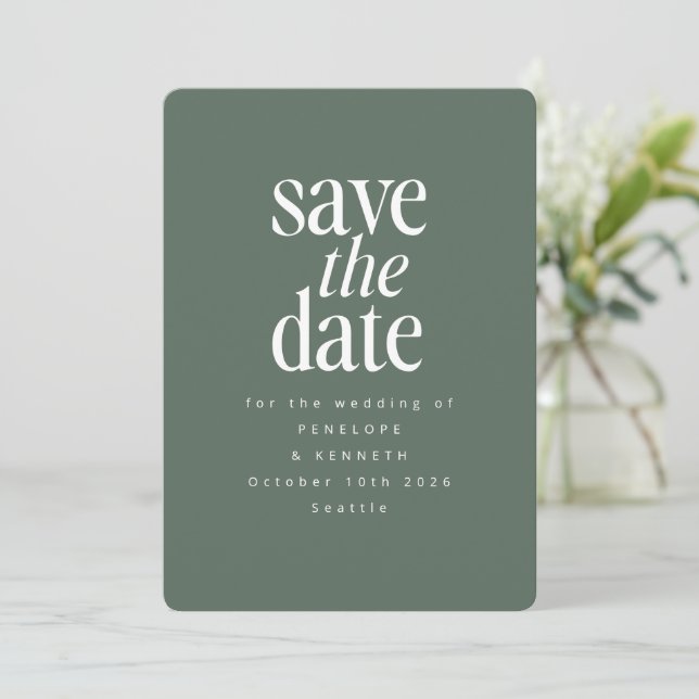 Modern Minimalist Dark Sage Green Simple Elegant Save The Date (Standing Front)