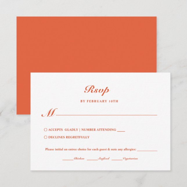 Modern Minimalist Deep Orange Meal Choice Wedding RSVP Card (Front/Back)