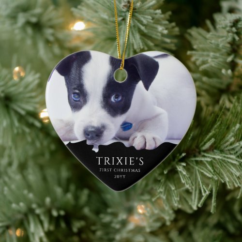 Modern Minimalist Dogs First Christmas Photo Ceramic Ornament