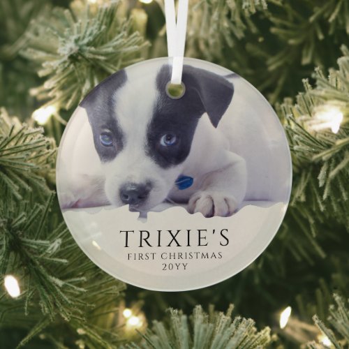 Modern Minimalist Dogs First Christmas Photo Glass Ornament