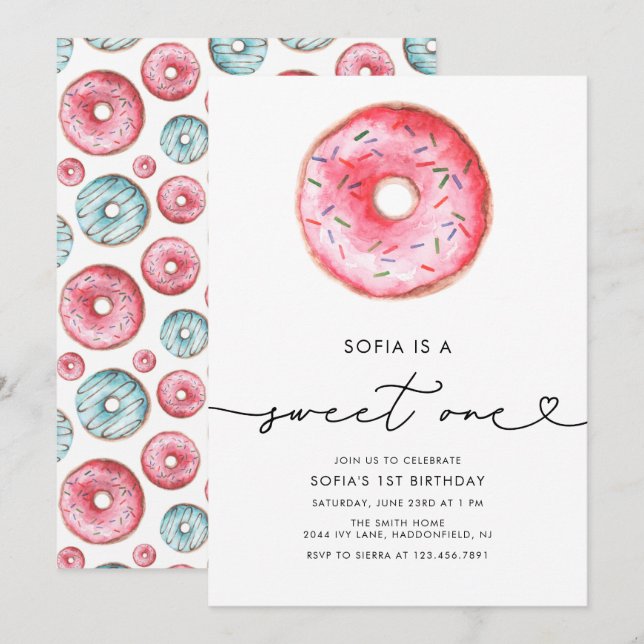 Modern Minimalist Donut Sweet One Birthday Invitation (Front/Back)