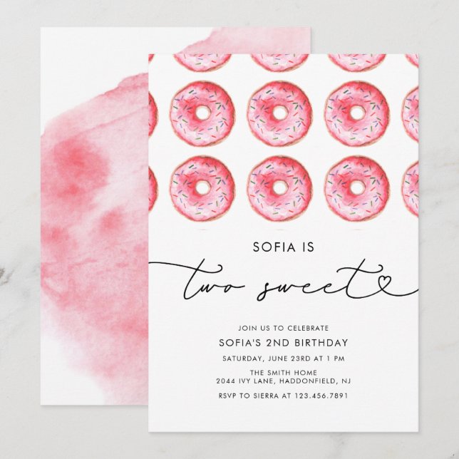 Modern Minimalist Donut Two Sweet Birthday Invitation (Front/Back)