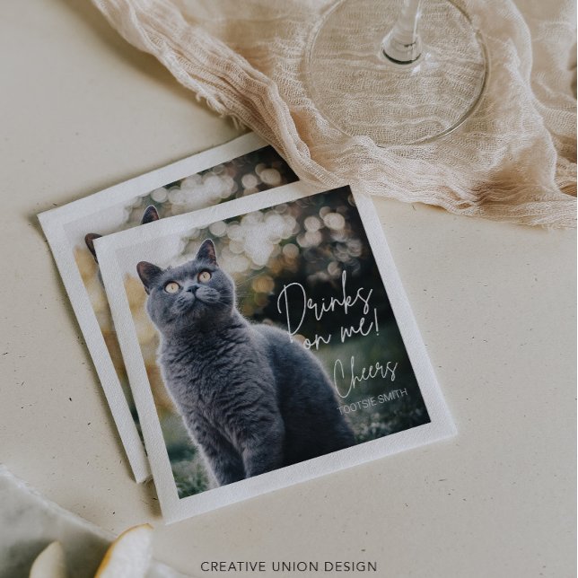 Modern Minimalist Drinks On Me Photo Pet Wedding Napkins (Creator Uploaded)