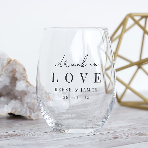 Modern Minimalist Drunk In Love Wedding Stemless Wine Glass