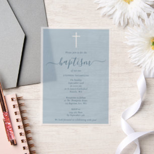 Modern Minimalist Dusty Blue Christening Baptism Vellum Invitations