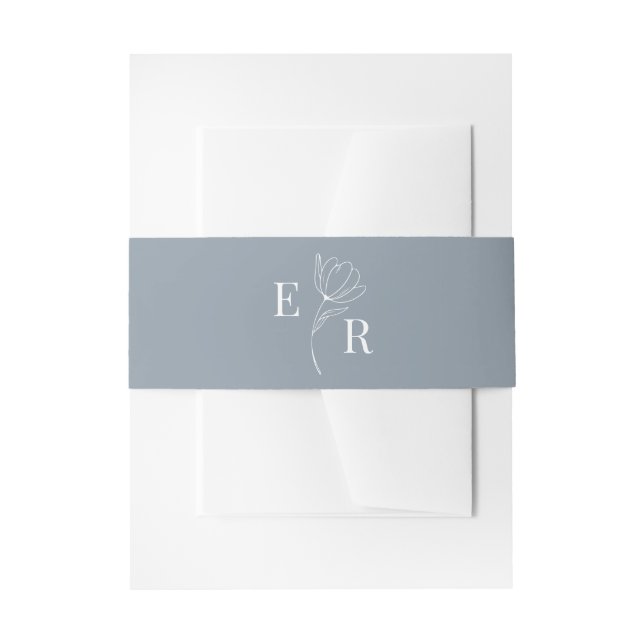 Modern Minimalist Dusty Blue Floral Monogram Invitation Belly Band (Front Example)