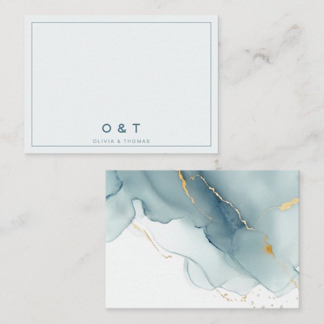Modern Minimalist Dusty Blue Gold Couple Monogram Note Card (Front/Back)