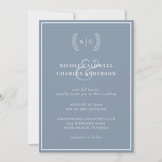 Modern Minimalist Dusty Blue Monogram Wedding Invitation (Front)