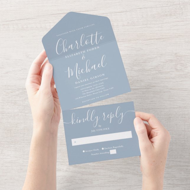 Modern Minimalist Dusty Blue Script Wedding All In All In One Invitation (Tearaway)