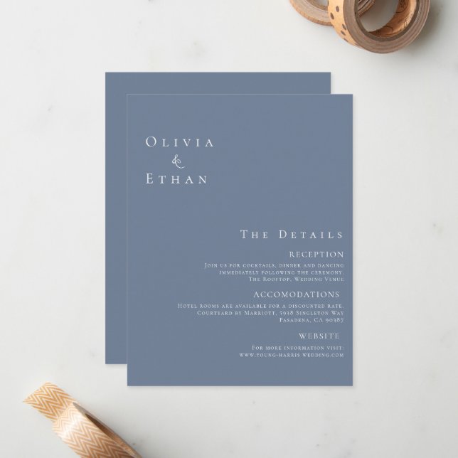 Modern Minimalist Dusty Blue Wedding Details Note Card (Front/Back In Situ)