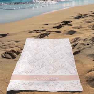 Modern Minimalist Dusty Rose White Floral Script Beach Towel
