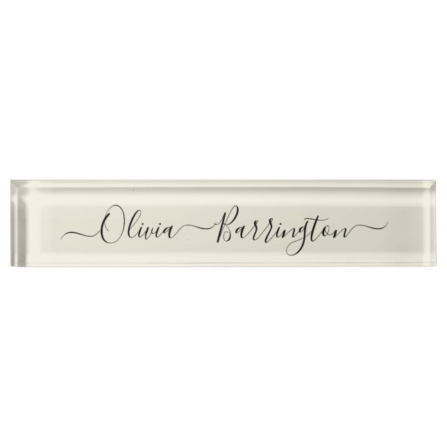 Modern Minimalist Ecru White Script Custom Name Desk Name Plate (Front)