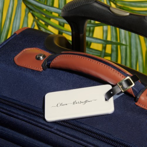 Modern Minimalist Ecru White Script Custom Name Luggage Tag
