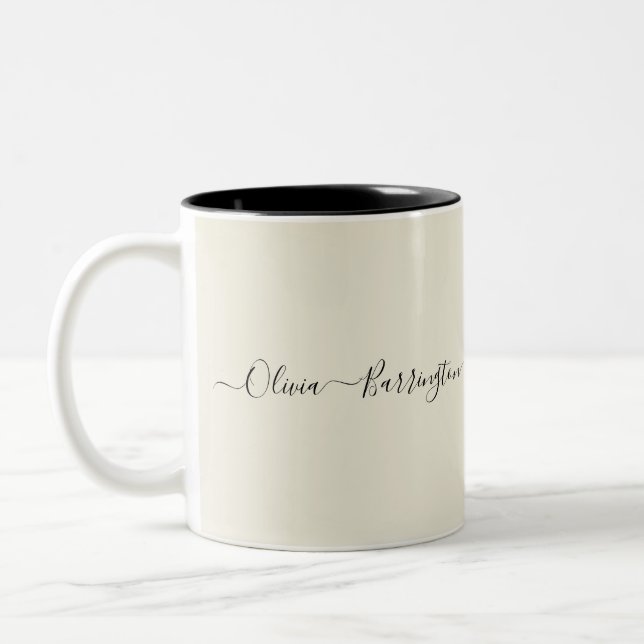 Modern Minimalist Ecru White Script Custom Name Two-Tone Coffee Mug (Left)