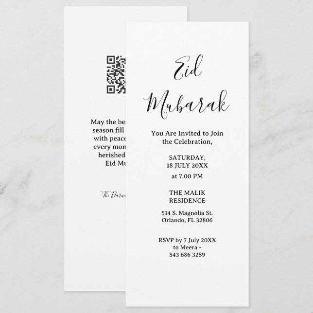 Modern Minimalist Eid Mubarak Invitation | QR Code (Front/Back)