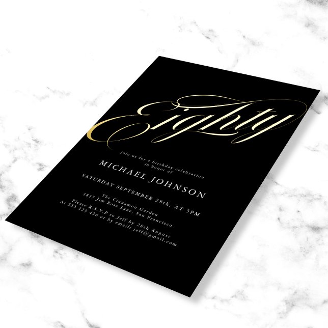 Modern Minimalist Eighty Black Gold 80th Birthday  Foil Invitation (Mockup view)