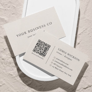 Modern Minimalist Elegant Beige QR Code Business Card
